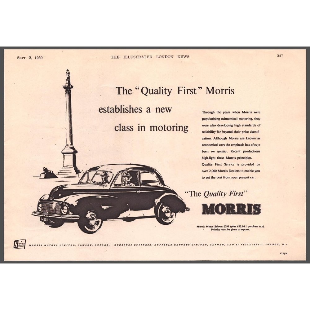 1950 Morris Motors Minor Saloon 2 Door Sedan Vintage Print Ad Wall Art Decor